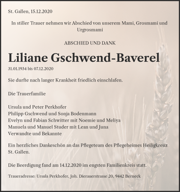 Avis de décès de Liliane Gschwend-Baverel, St. Gallen