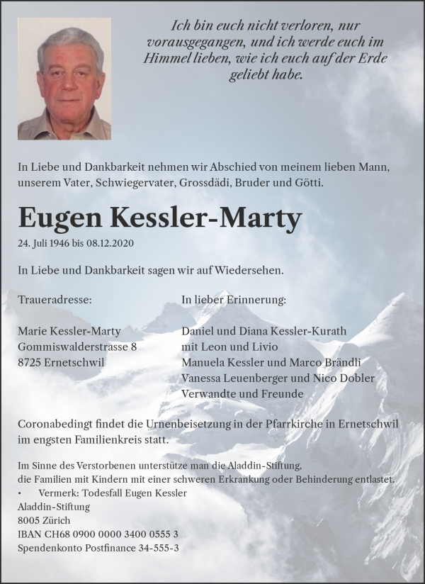 Obituary Eugen Kessler-Marty, Ernetschwil