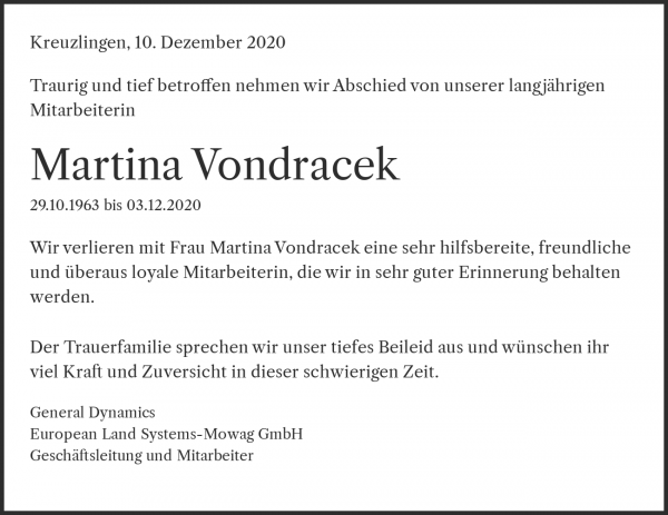Avis de décès de Martina Vondracek, Konstanz