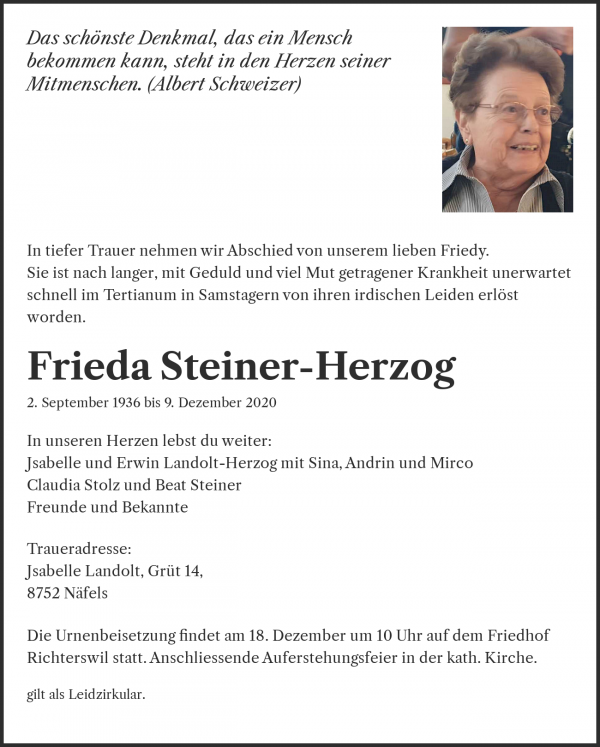 Todesanzeige von Frieda Steiner-Herzog, Richterswil