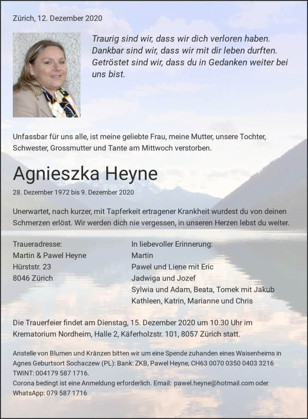 Todesanzeige von Agnieszka Heyne, Zürich