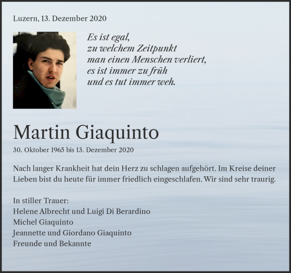 Todesanzeige von Martin Giaquinto, Luthern