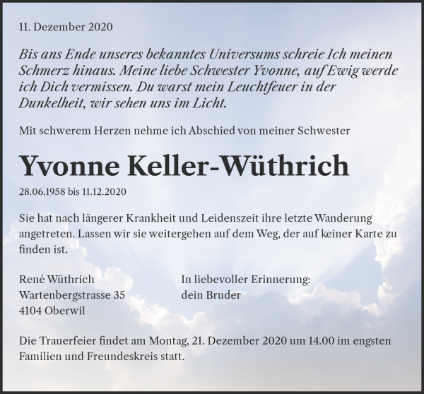 Avis de décès de Yvonne Keller-Wüthrich, Basel