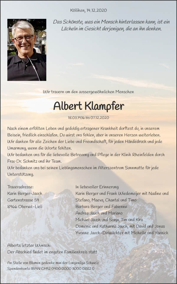 Avis de décès de Albert Klampfer, Kölliken