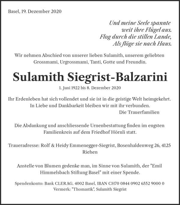 Avis de décès de Sulamith Siegrist-Balzarini, Basel