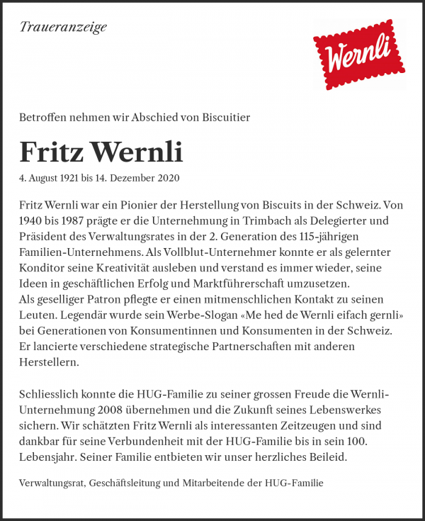 Avis de décès de Fritz Wernli, Trimbach