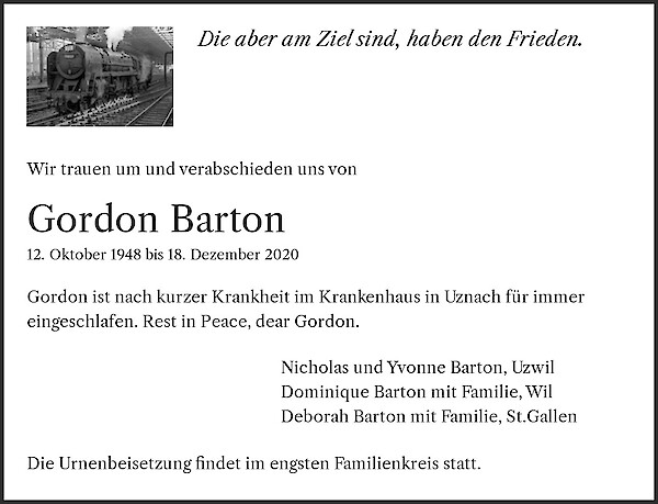 Todesanzeige von Gordon Barton, Schänis