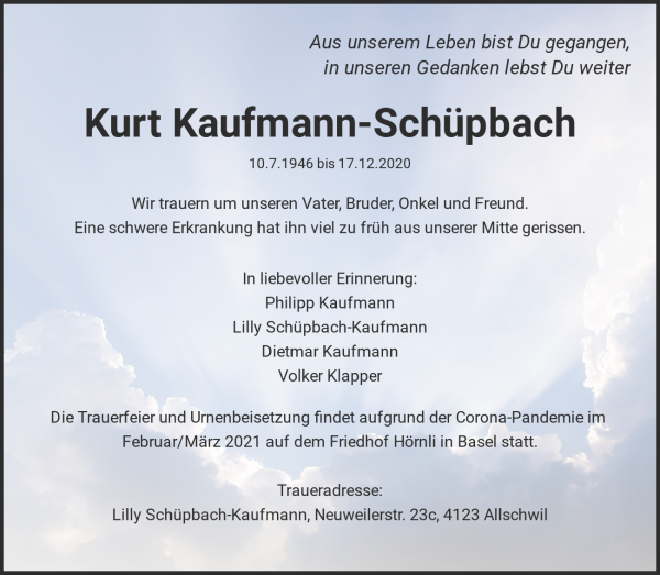 Avis de décès de Kurt Kaufmann-Schüpbach, Basel