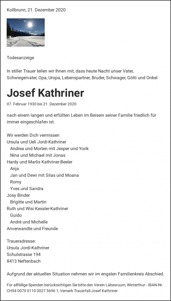 Todesanzeige von Josef Kathriner, Kollbrunn