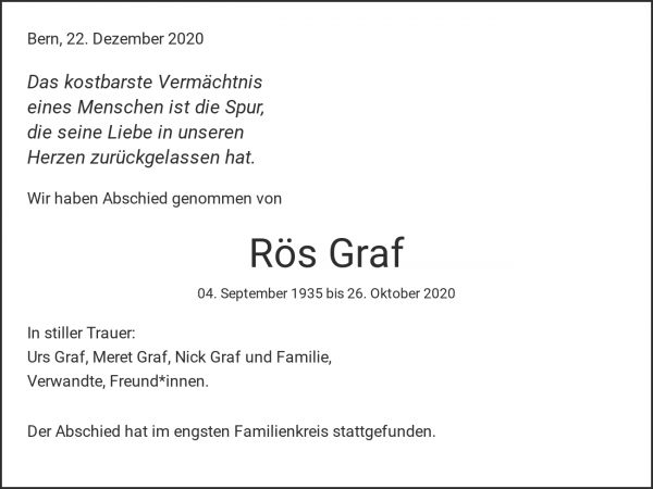 Avis de décès de Rös Graf, Bern