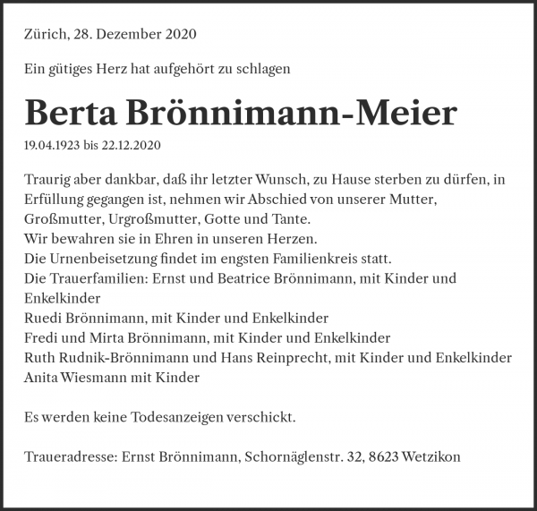 Todesanzeige von Berta Brönnimann-Meier, Zürich