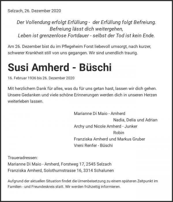 Avis de décès de Susi Amherd - Büschi, Selzach
