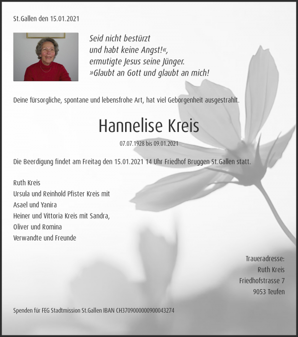 Avis de décès de Hannelise Kreis, 9000 St.Gallen