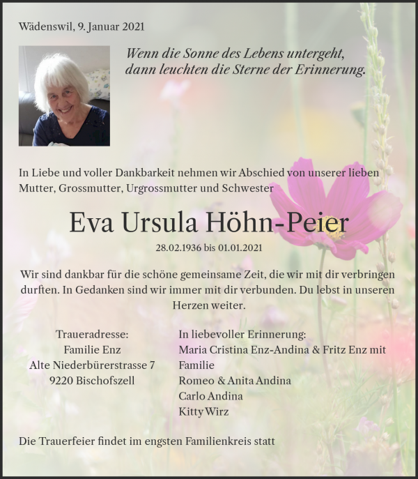 Avis de décès de Eva Ursula Höhn-Peier, Wädenswil
