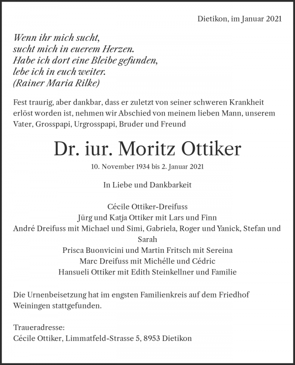 Necrologio Dr. iur. Moritz Ottiker, Dietikon