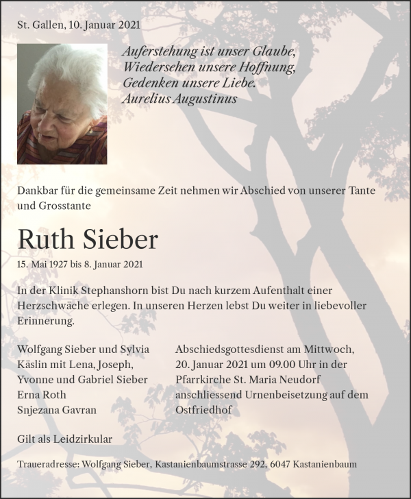 Avis de décès de Ruth Sieber, St. Gallen