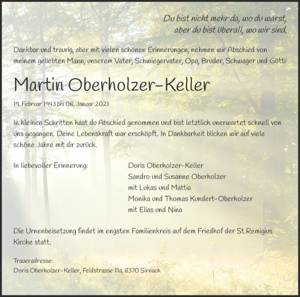 Todesanzeige von Martin Oberholzer-Keller, Sirnach