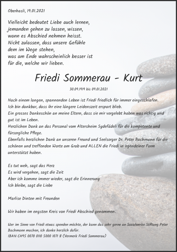 Avis de décès de Friedi Sommerau - Kurt, Zürich