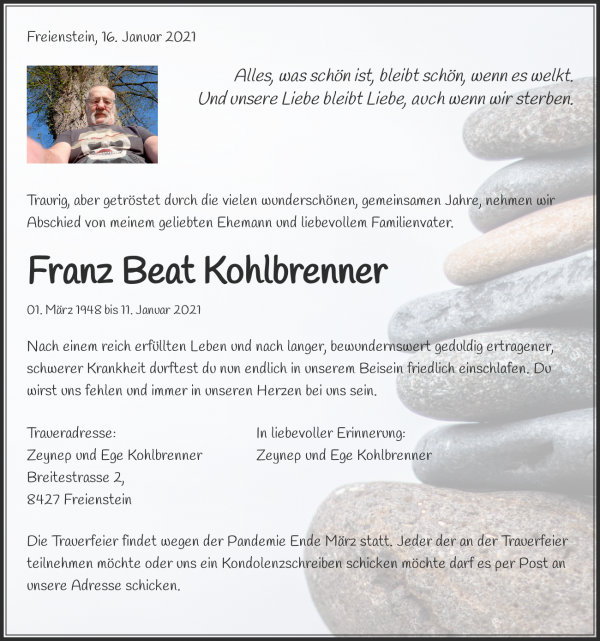 Avis de décès de Franz Beat Kohlbrenner, Freienstein