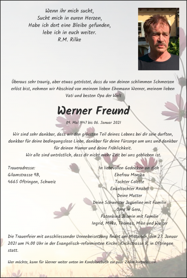 Obituary Werner Freund, Oftringen