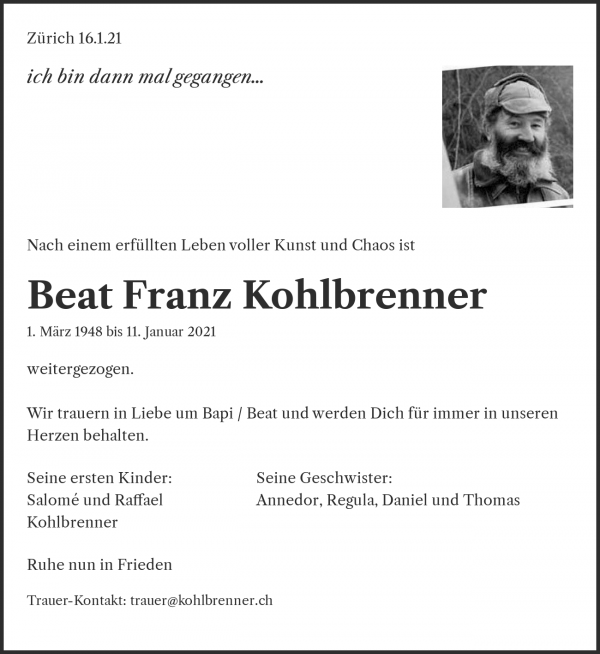 Avis de décès de Beat Franz Kohlbrenner, Freienstein-Teufen