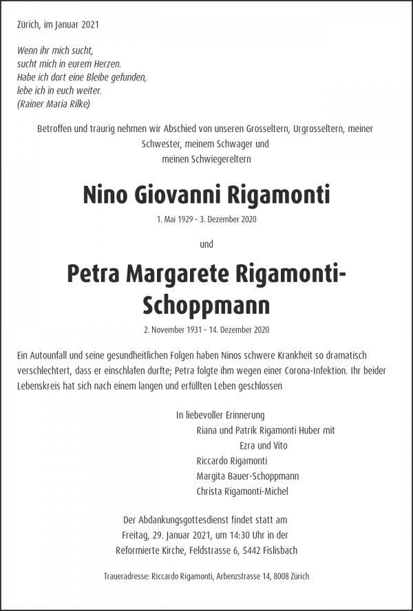 Todesanzeige von Nino Giovanni Rigamonti und Petra Margarete Rigamonti-Schoppmann, Fislisbach
