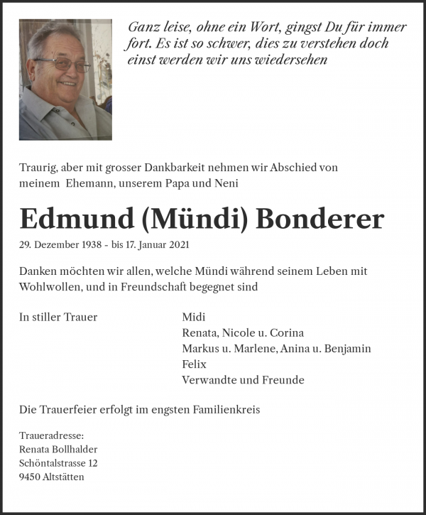 Avis de décès de Edmund ( Mündi) Bonderer, Landquart