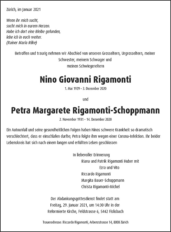 Avis de décès de Nino Giovanni Rigamonti und Petra Margarete Rigamonti-Schoppmann, Zürich