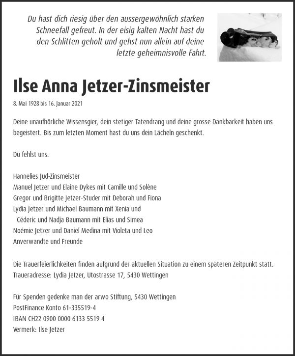 Todesanzeige von Ilse Anna Jetzer-Zinsmeister, Kirchdorf