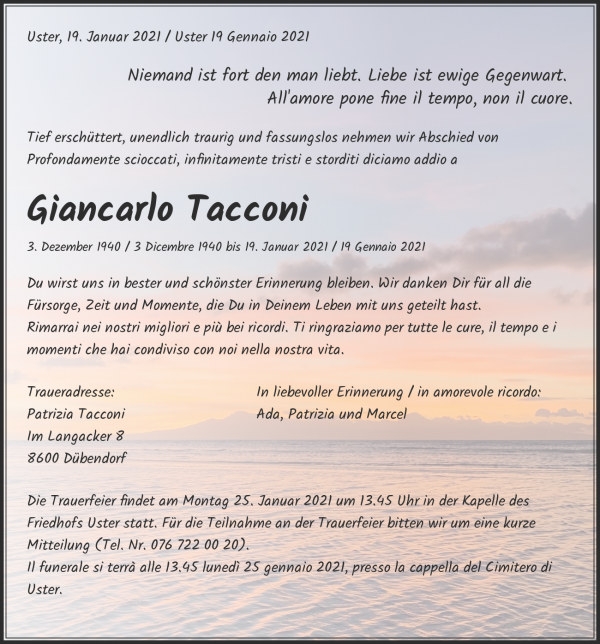 Obituary Giancarlo Tacconi, Uster