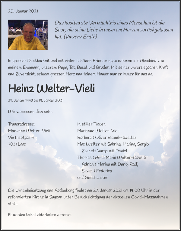 Avis de décès de Heinz Welter-Vieli, Laax