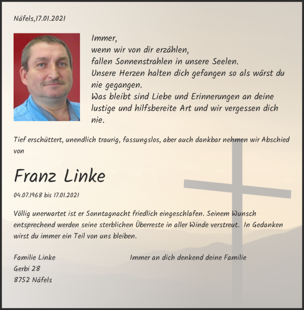 Obituary Franz Linke, Näfels
