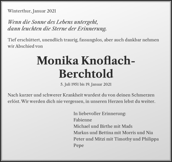 Avis de décès de Monika Knoflach-Berchtold, Winterthur