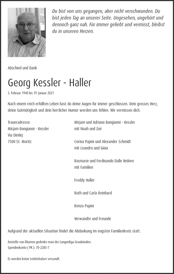 Avis de décès de Georg Kessler - Haller, St.Moritz