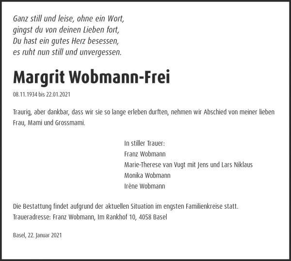 Avis de décès de Margrit Wobmann-Frei, Basel