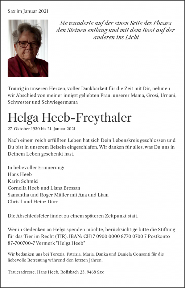 Avis de décès de Helga Heeb-Freythaler, Sax