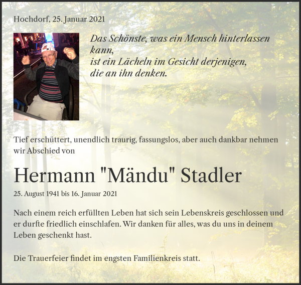 Avis de décès de Hermann "Mändu" Stadler, Hochdorf