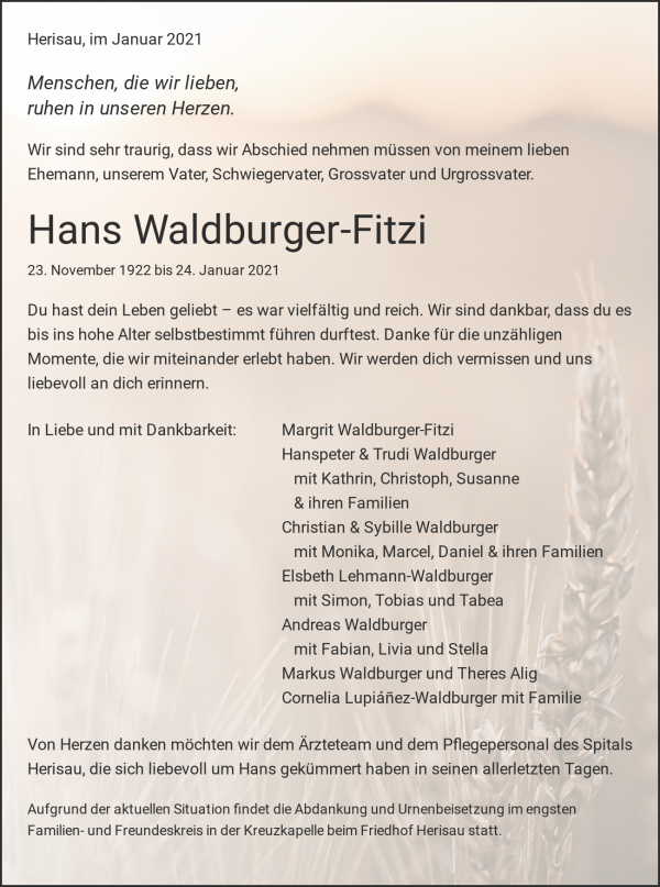 Avis de décès de Hans Waldburger, Herisau