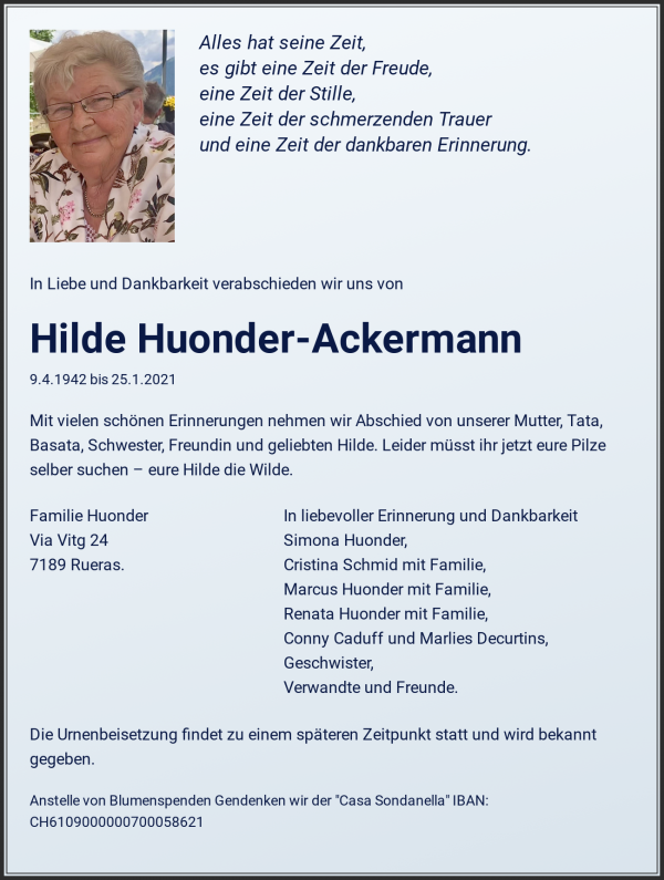 Avis de décès de Hilde Huonder-Ackermann, Rueras