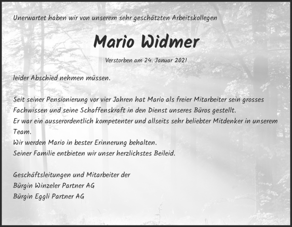 Todesanzeige von Mario Widmer, Hemishofen