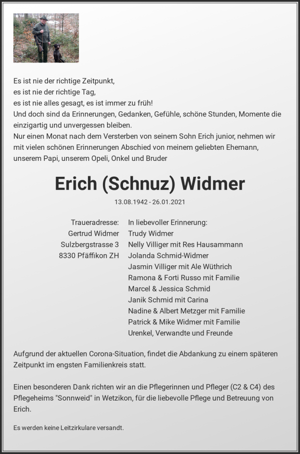 Avis de décès de Erich (Schnuz) Widmer, Pfäffikon