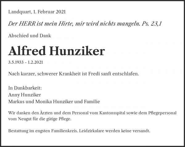 Avis de décès de Alfred Hunziker, Landquart