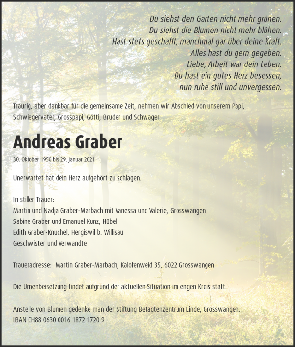Avis de décès de Andreas Graber, Grosswangen