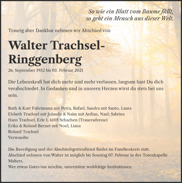 Avis de décès de Walter Trachsel-Ringgenberg, Schachen