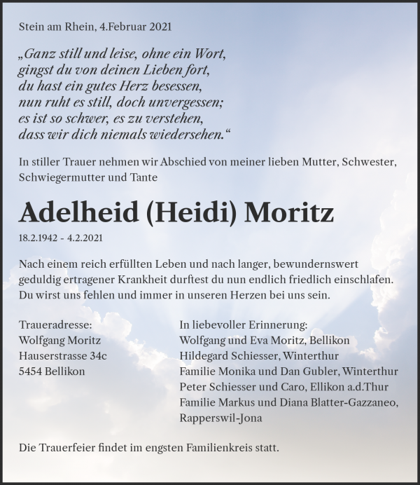 Necrologio Adelheid (Heidi) Moritz, Stein am Rhein