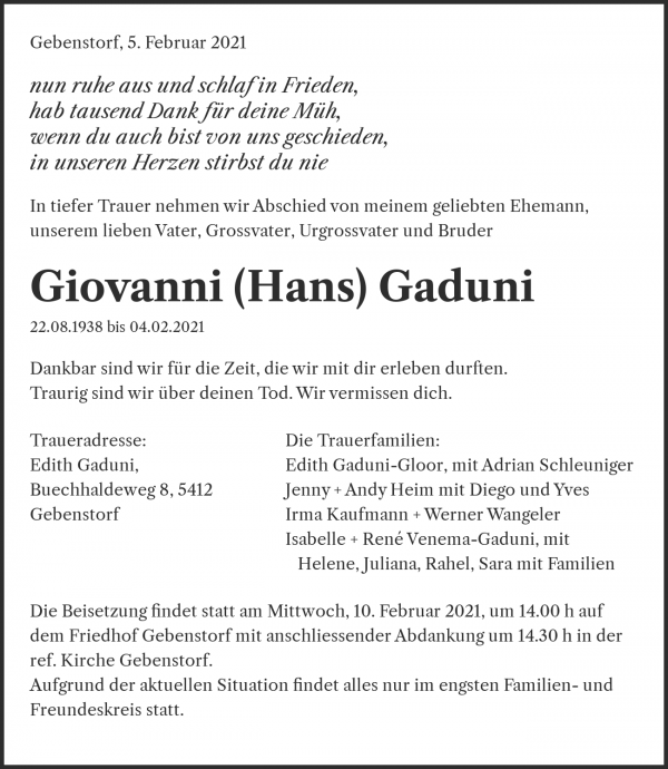 Avis de décès de Giovanni (Hans) Gaduni, Gebenstorf