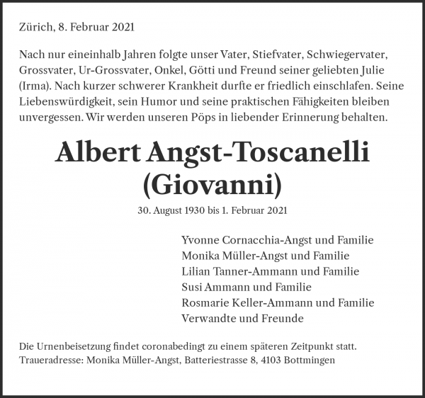 Avis de décès de Albert Angst-Toscanelli (Giovanni), Zürich