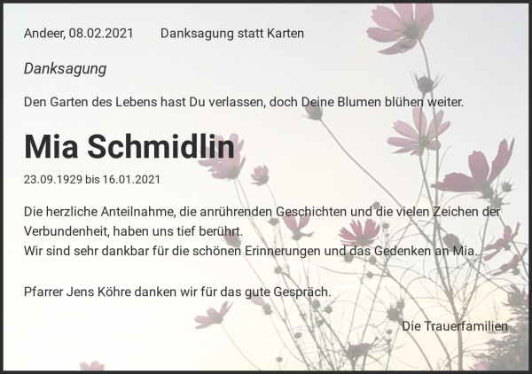 Avis de décès de Mia Schmidlin, Andeer