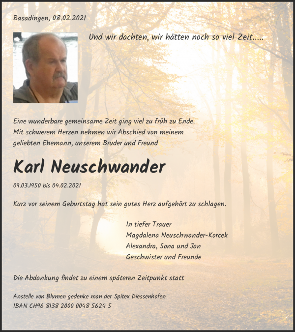 Todesanzeige von Karl Neuschwander, Basadingen