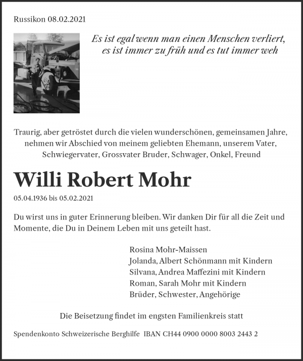 Avis de décès de Willi Robert Mohr, Russikon